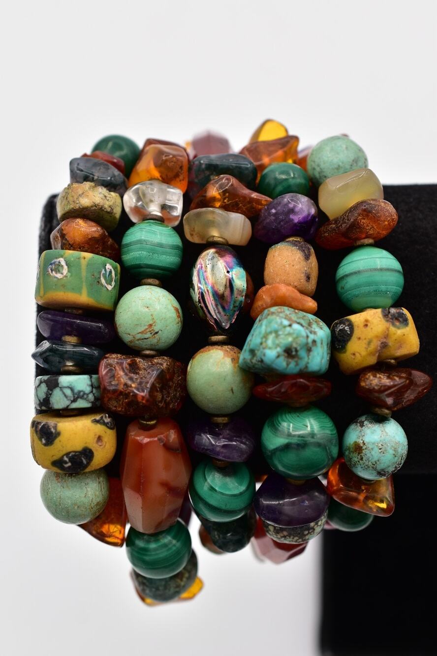 Vintage Multi Strand Stone Bead Bracelet Boho Chunky Mixed Gemstone 8" BinBR